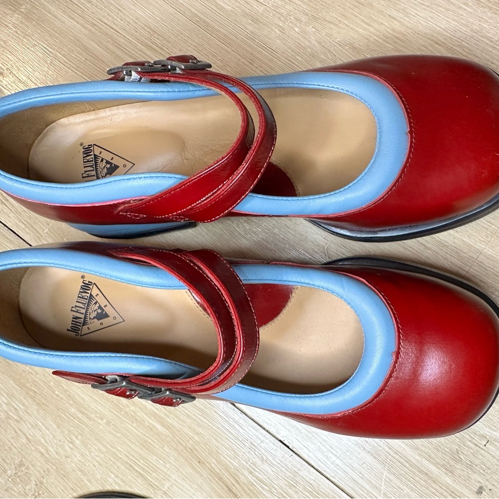 John Fluevog Red and Blue Flats with Bold Design